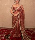 brown kota tissue silk saree with gota work pallu