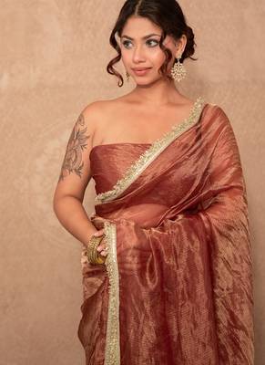 brown kota tissue silk saree with gota work pallu 3