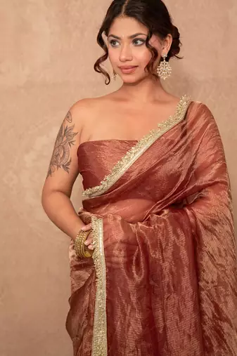 brown kota tissue silk saree with gota work pallu