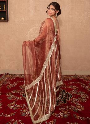 brown kota tissue silk saree with gota work pallu 4