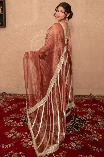 brown kota tissue silk saree with gota work pallu