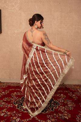 brown kota tissue silk saree with gota work pallu 5