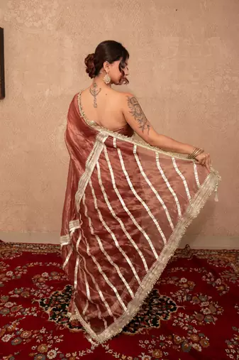 brown kota tissue silk saree with gota work pallu