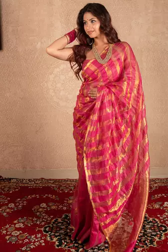 pink striped silk linen saree with unstitched blouse