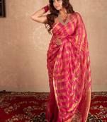 pink striped silk linen saree with unstitched blouse