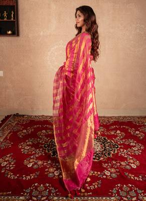 pink striped silk linen saree with unstitched blouse 2