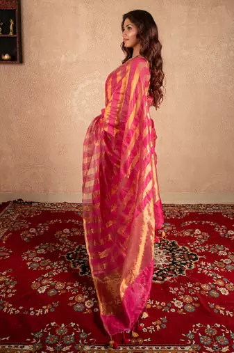 pink striped silk linen saree with unstitched blouse