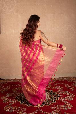 pink striped silk linen saree with unstitched blouse 3