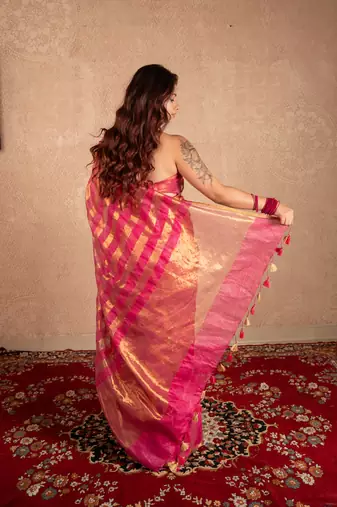 pink striped silk linen saree with unstitched blouse