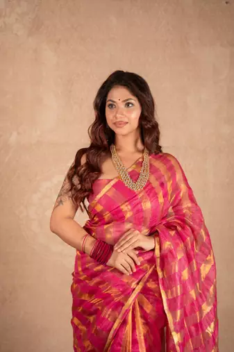 pink striped silk linen saree with unstitched blouse
