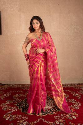 pink striped silk linen saree with unstitched blouse 5
