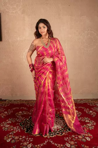 pink striped silk linen saree with unstitched blouse