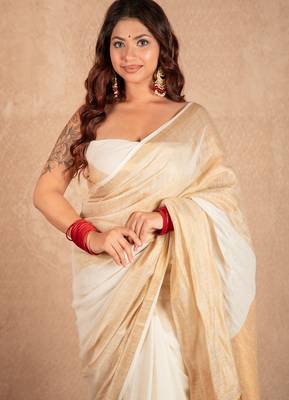white linen saree with golden border 2