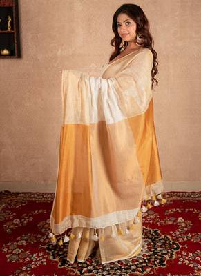 white linen saree with golden border 5