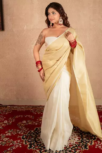 cream linen saree with golden pallu