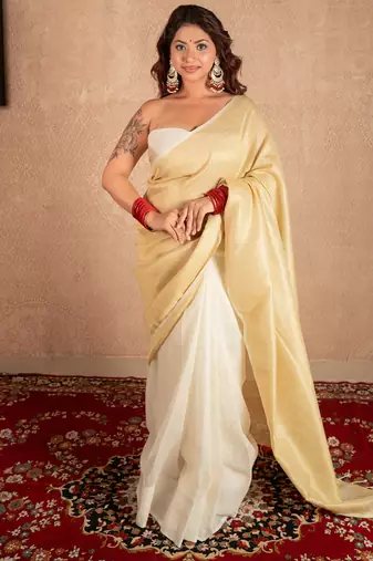cream linen saree with golden pallu