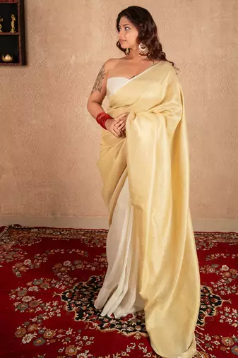 cream linen saree with golden pallu