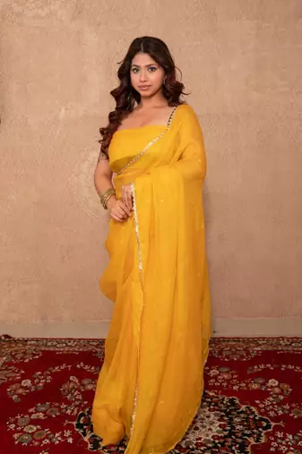 yellow kota silk saree with mirror work