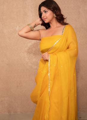 yellow kota silk saree with mirror work 2