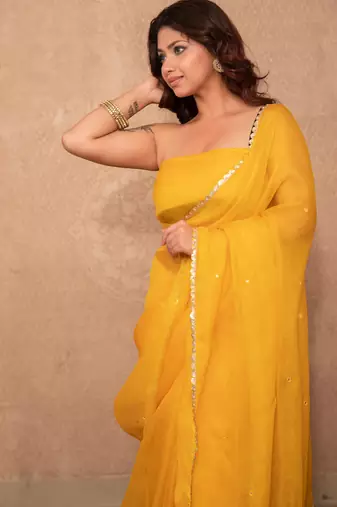 yellow kota silk saree with mirror work