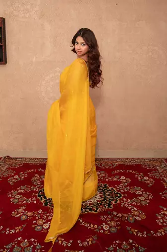 yellow kota silk saree with mirror work