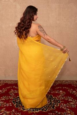 yellow kota silk saree with mirror work 4