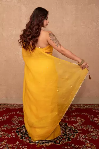 yellow kota silk saree with mirror work