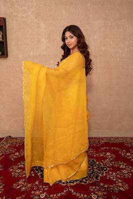 yellow kota silk saree with mirror work 5