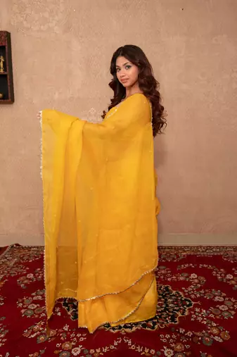 yellow kota silk saree with mirror work