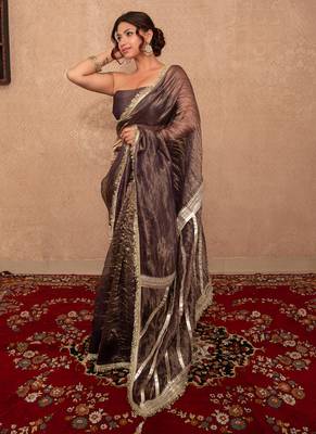 purple kota tissue saree with gota work pallu 1