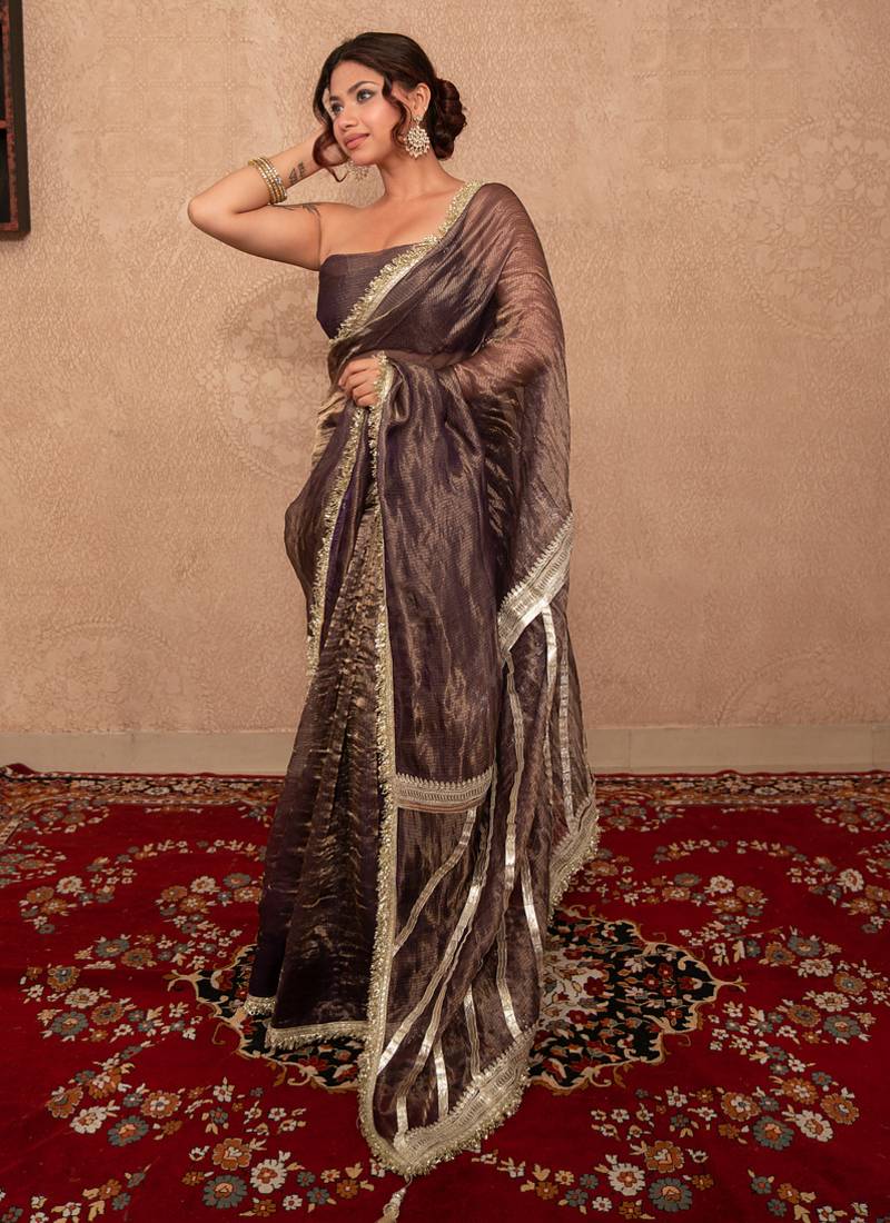 purple kota tissue saree with gota work pallu