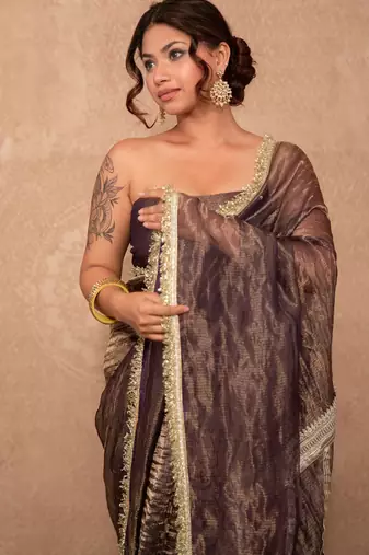 purple kota tissue saree with gota work pallu