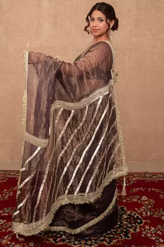 purple kota tissue saree with gota work pallu
