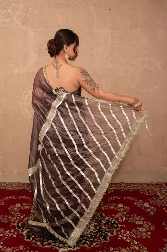 purple kota tissue saree with gota work pallu