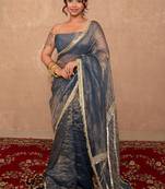 blue kota tissue saree with gota work pallu