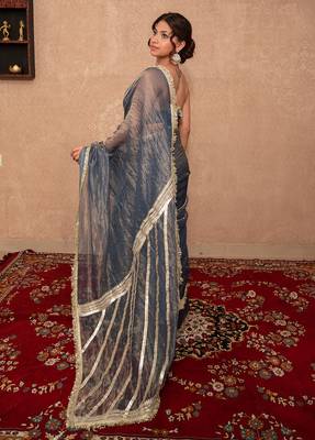 blue kota tissue saree with gota work pallu 2