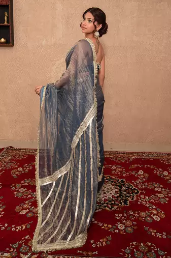 blue kota tissue saree with gota work pallu