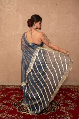 blue kota tissue saree with gota work pallu