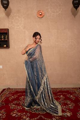blue kota tissue saree with gota work pallu 4