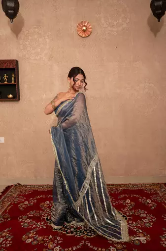 blue kota tissue saree with gota work pallu