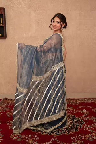 blue kota tissue saree with gota work pallu