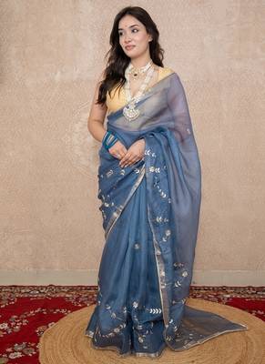 grey floral gota patti work kota silk saree with unstitched blouse 1