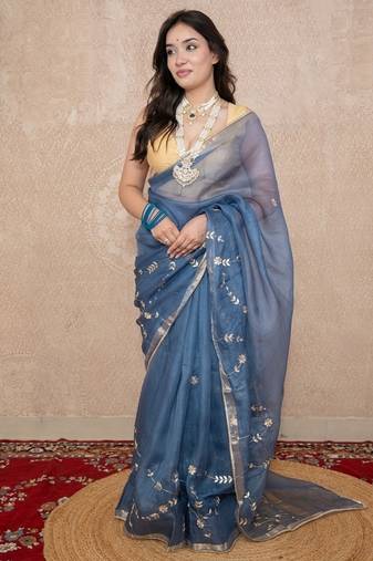 grey floral gota patti work kota silk saree with unstitched blouse