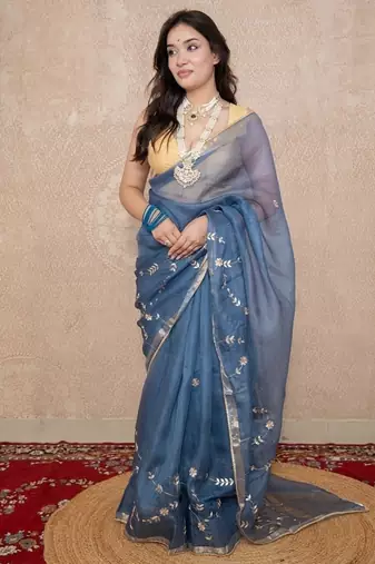 grey floral gota patti work kota silk saree with unstitched blouse