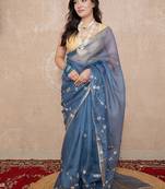 grey floral gota patti work kota silk saree with unstitched blouse