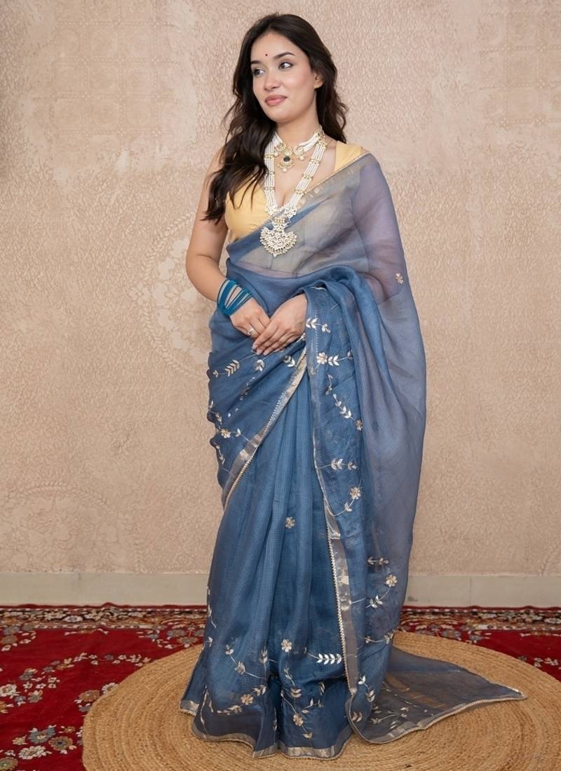 grey floral gota patti work kota silk saree with unstitched blouse