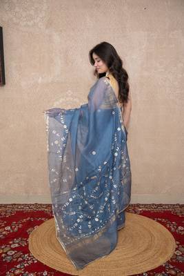 grey floral gota patti work kota silk saree with unstitched blouse 2