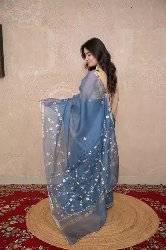grey floral gota patti work kota silk saree with unstitched blouse