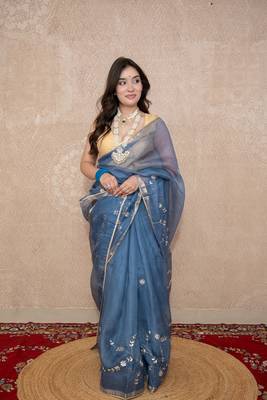 grey floral gota patti work kota silk saree with unstitched blouse 3