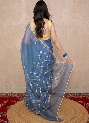 grey floral gota patti work kota silk saree with unstitched blouse 4